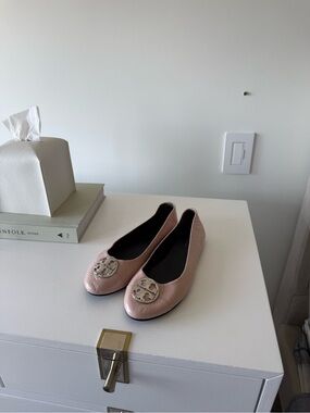 Tory Burch Blush Pink Leather Ballet Flats with Logo Medallion